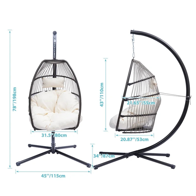 Rattan Folding Hanging Chair Swing Hammock with Cushion and Pillow