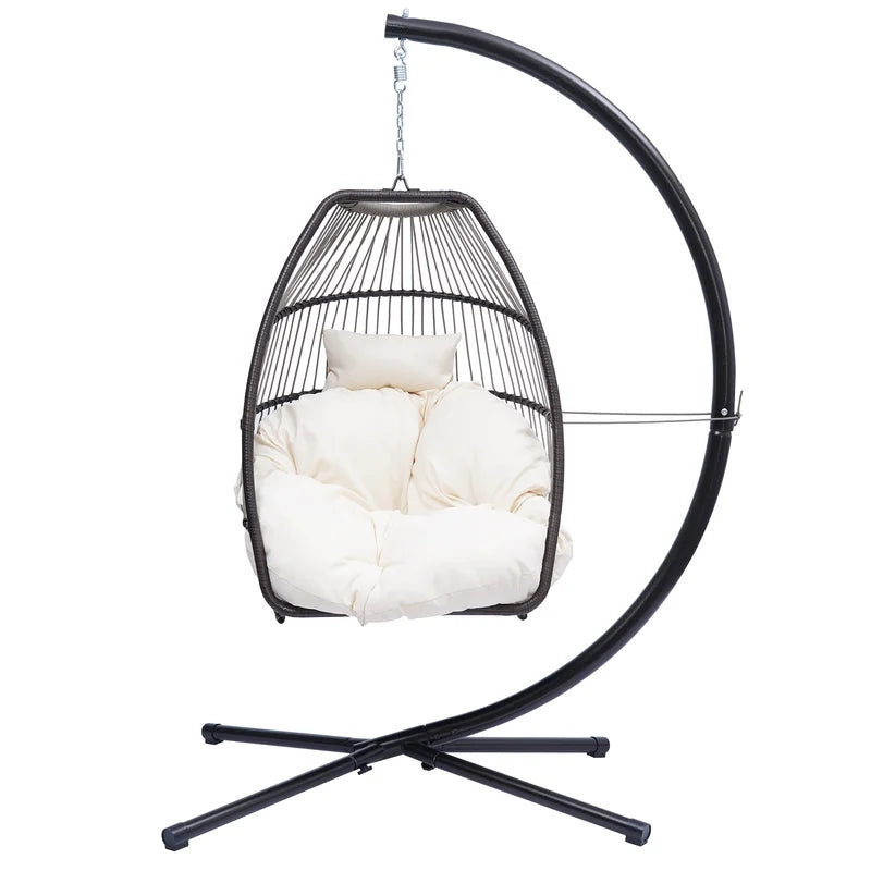Rattan Folding Hanging Chair Swing Hammock with Cushion and Pillow
