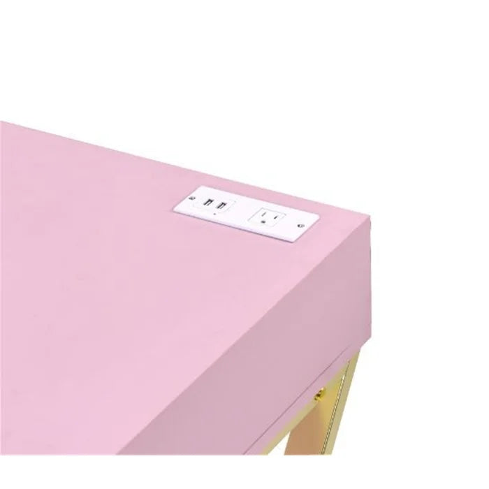 Built-In USB Port Writing Desk, Pink & Gold Finish
