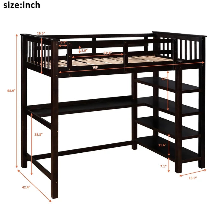 Full Loft Bed with Built-in-Desk and Shelves, Espresso