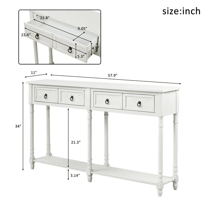 58¡± Console Table with Two Drawers and Long Shelf (Antique White)