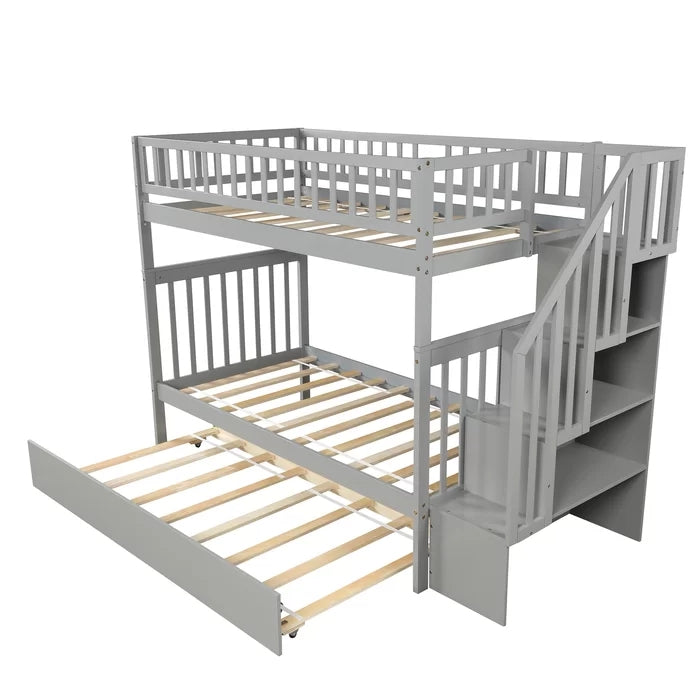 Twin over Twin Bunk Bed with Trundle and Storage Shelf, Gray