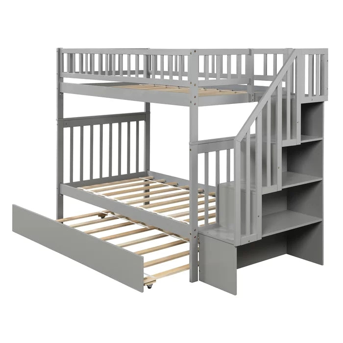 Twin over Twin Bunk Bed with Trundle and Storage Shelf, Gray