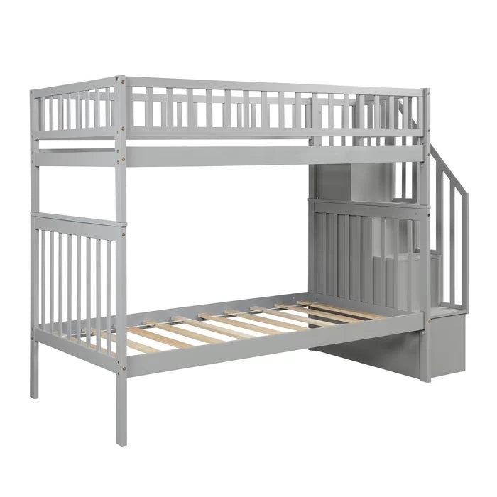 Twin over Twin Bunk Bed with Trundle and Storage Shelf, Gray