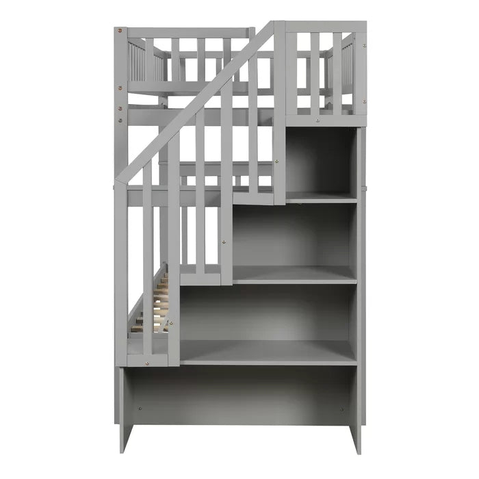 Twin over Twin Bunk Bed with Trundle and Storage Shelf, Gray