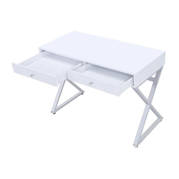 "X" Shaped Legs Writing Desk With Two Drawers, White & Chrome