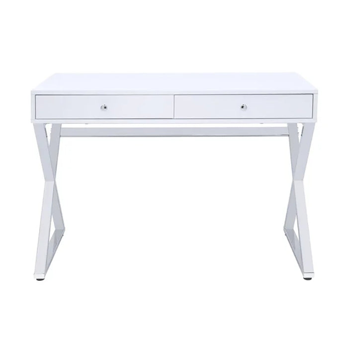 "X" Shaped Legs Writing Desk With Two Drawers, White & Chrome