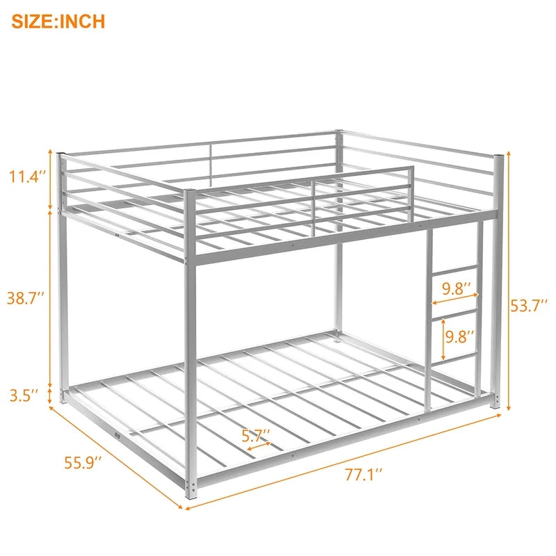 Twin over Twin Metal Bunk Bed, Low Bunk Bed with Ladder, Silver