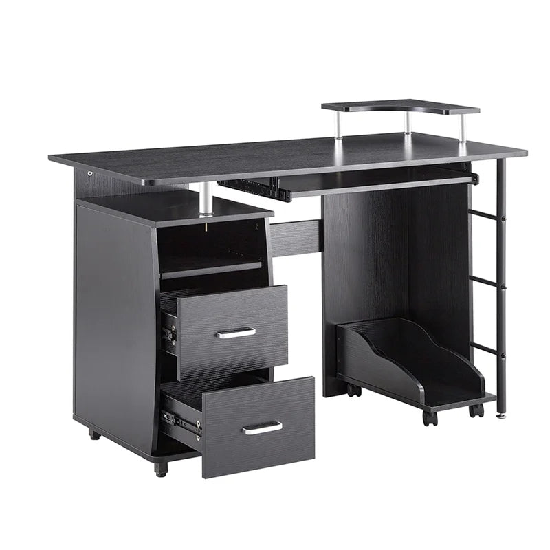 Solid Wood Office Desk With Pc Droller, Black