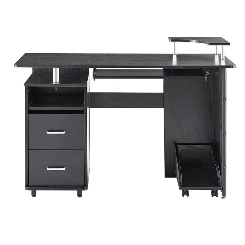 Solid Wood Office Desk With Pc Droller, Black