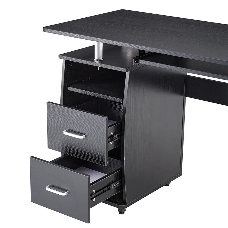 Solid Wood Office Desk With Pc Droller, Black