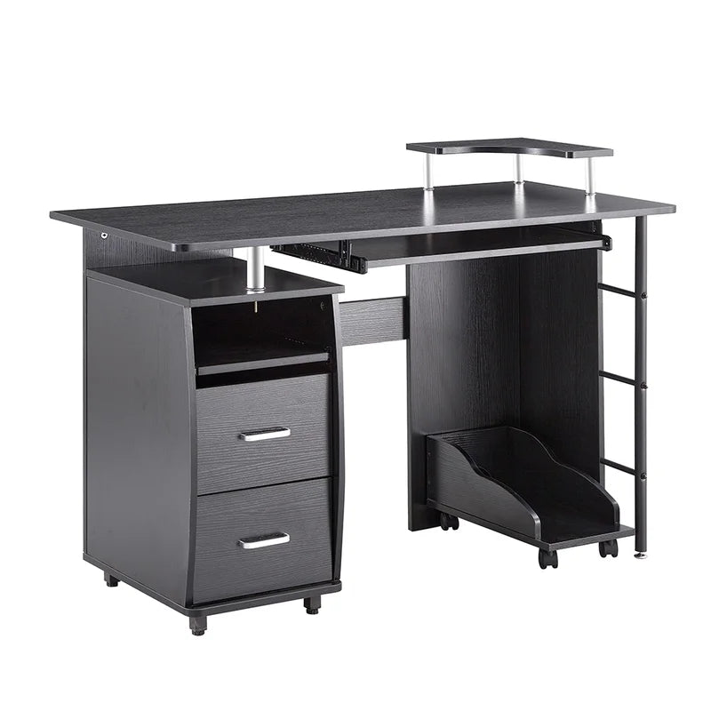 Solid Wood Office Desk With Pc Droller, Black