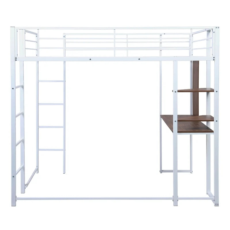 Twin Metal Loft Bunk Bed with Shelves and Desk, White