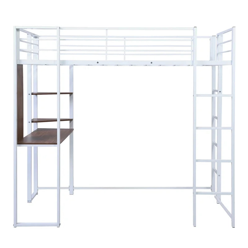 Twin Metal Loft Bunk Bed with Shelves and Desk, White