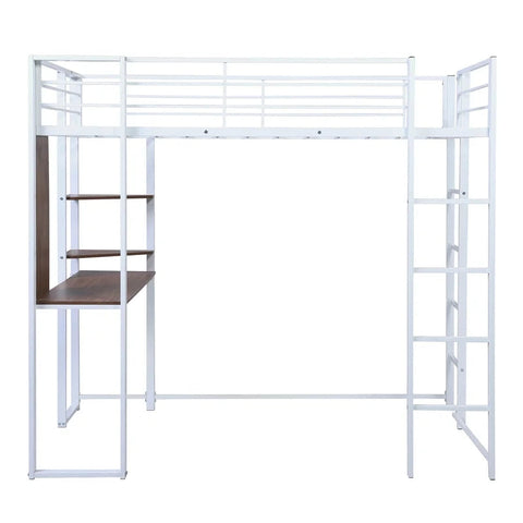 Twin Metal Loft Bunk Bed with Shelves and Desk, White