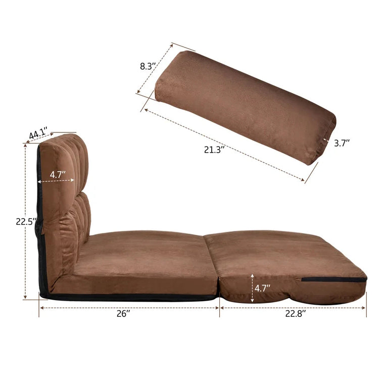 Double Chaise Lounge Sofa Bed Floor Couch With Two Pillows, Brown