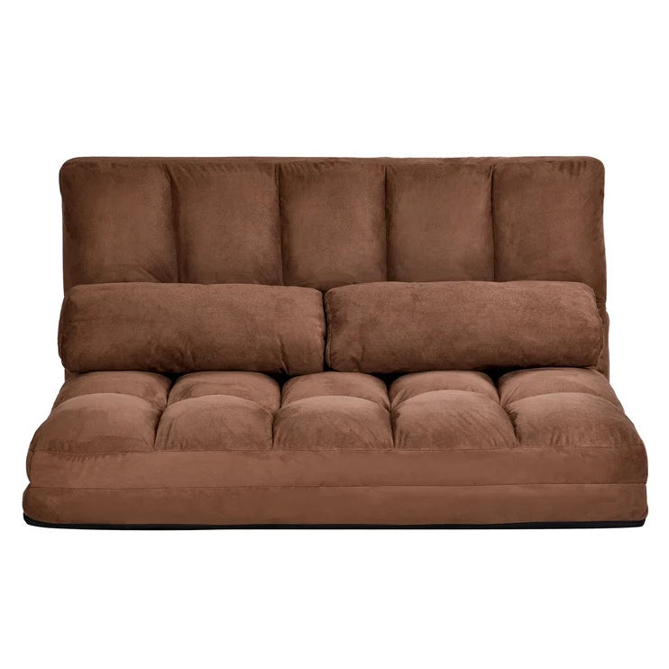 Double Chaise Lounge Sofa Bed Floor Couch With Two Pillows, Brown
