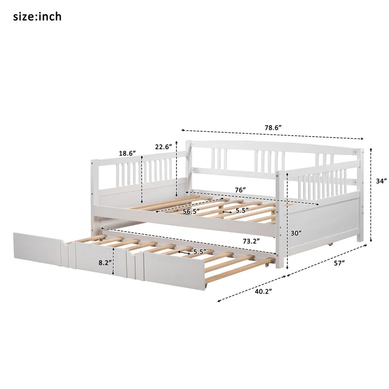 Full Size Daybed Wood Bed with Trundle, White