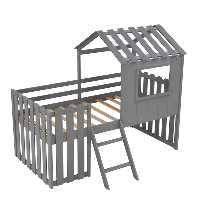 Loft House Bed with Rustic Fence-Shaped Guardrail, Gray
