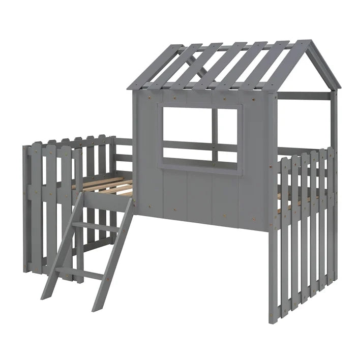 Loft House Bed with Rustic Fence-Shaped Guardrail, Gray