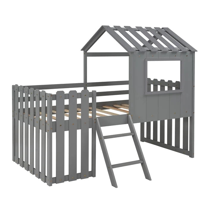 Loft House Bed with Rustic Fence-Shaped Guardrail, Gray