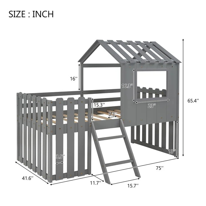 Loft House Bed with Rustic Fence-Shaped Guardrail, Gray