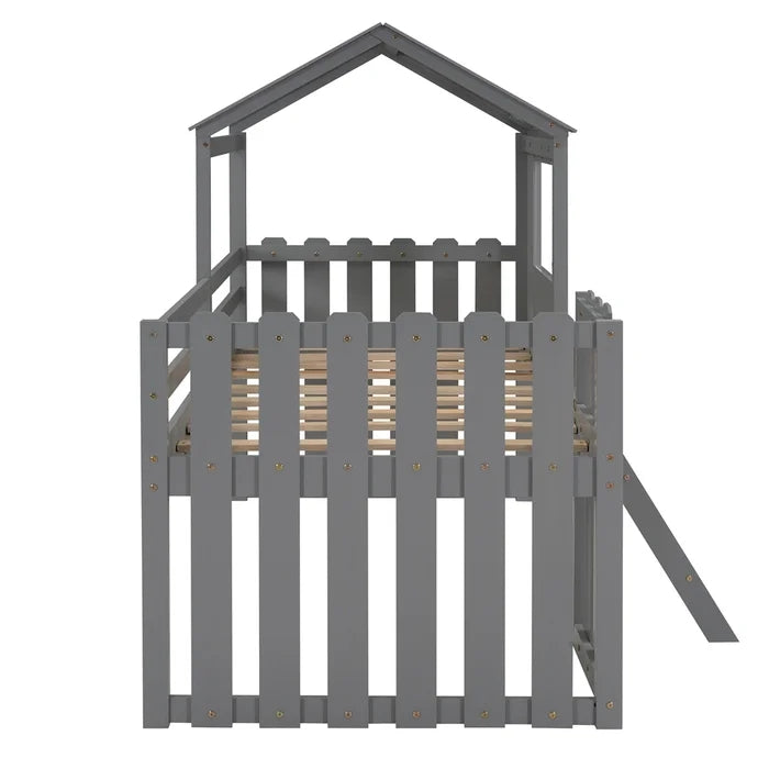 Loft House Bed with Rustic Fence-Shaped Guardrail, Gray