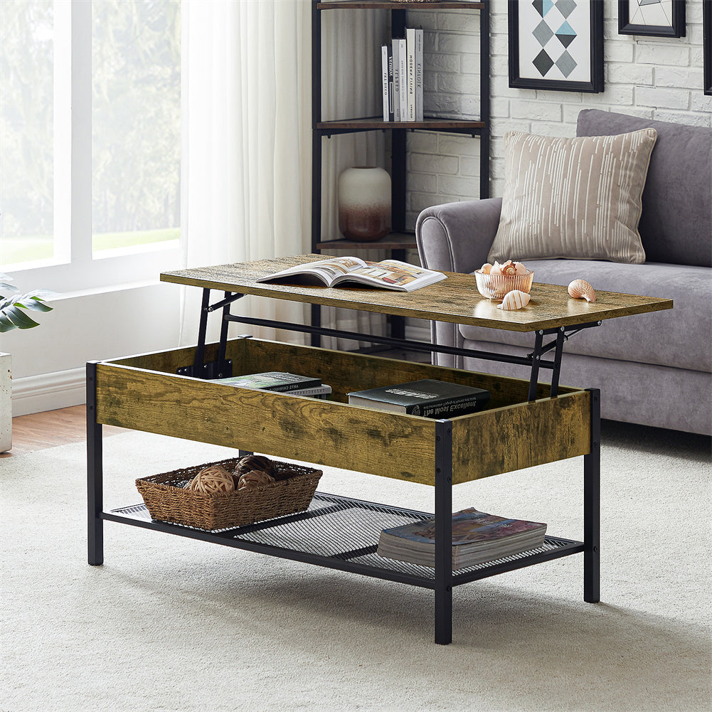 Lift-Top Coffee Table with Hidden Compartment and Storage Shelf