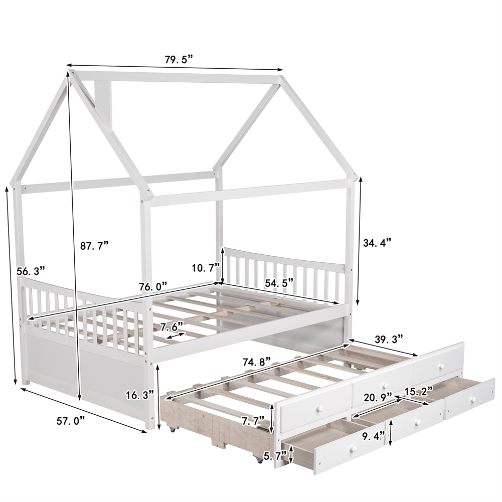 Full Size House Bed with Trundle and 3 Storage Drawers