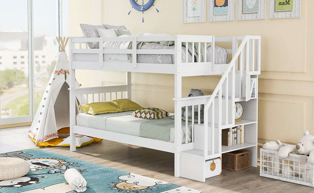 Twin over Twin Bunk Bed with Stairs and Storage