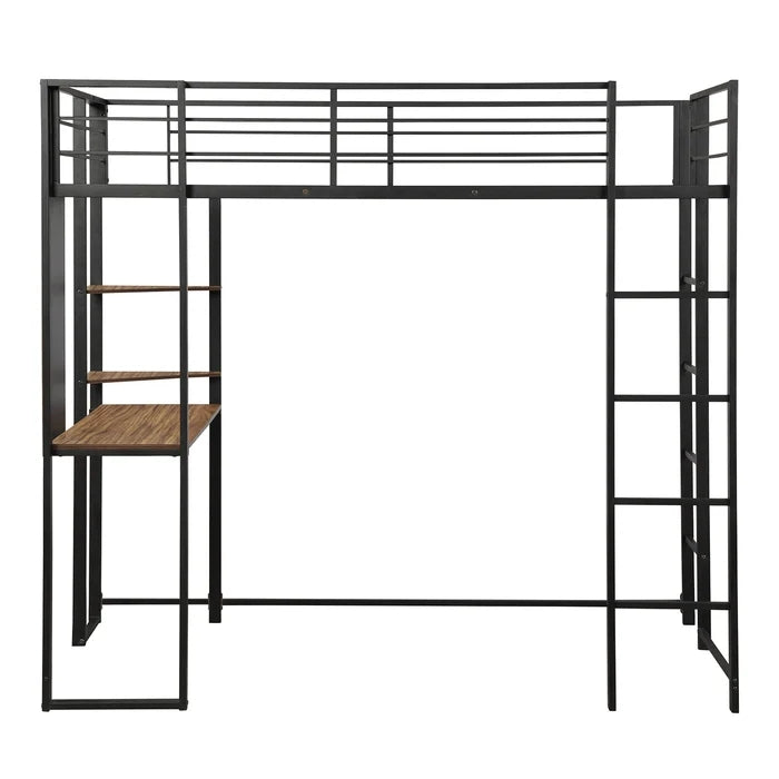 Twin Metal Loft Bed with Shelves and Built-in-Desk, Black