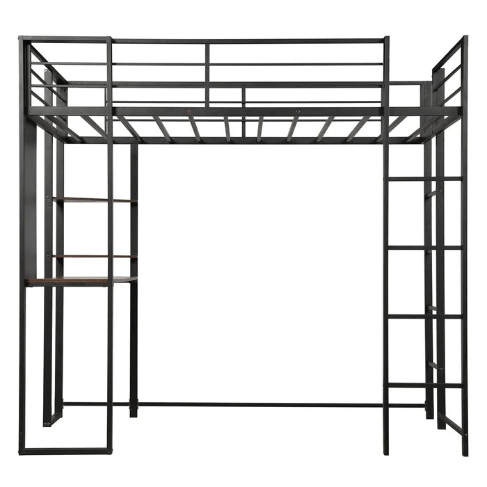 Twin Metal Loft Bed with Shelves and Built-in-Desk, Black