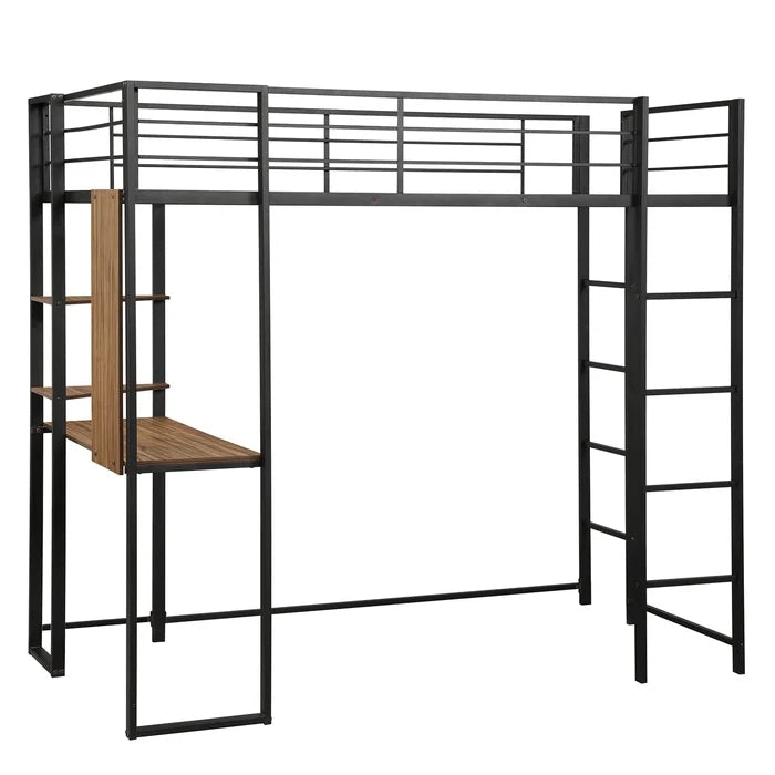 Twin Metal Loft Bed with Shelves and Built-in-Desk, Black