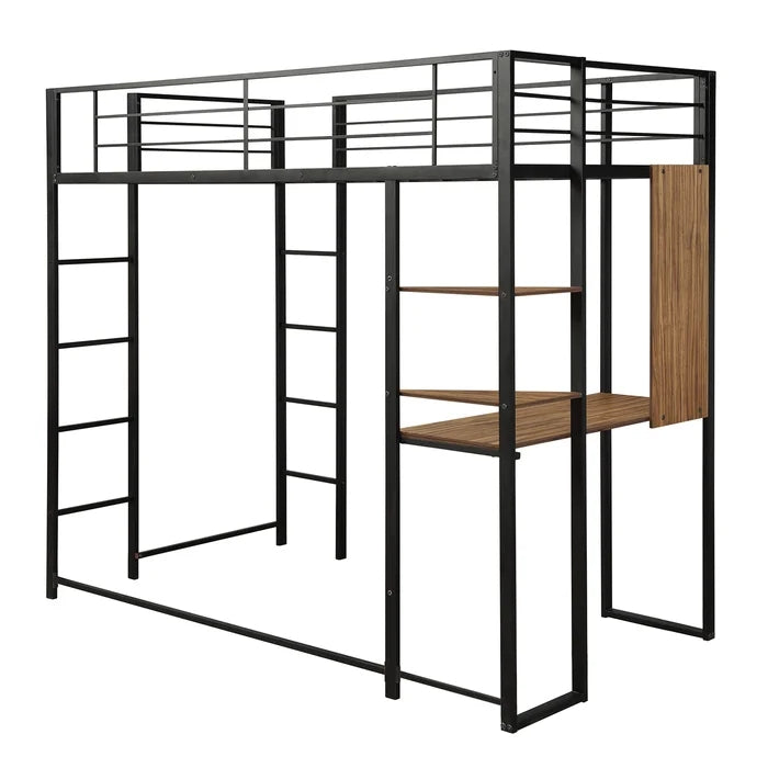 Twin Metal Loft Bed with Shelves and Built-in-Desk, Black