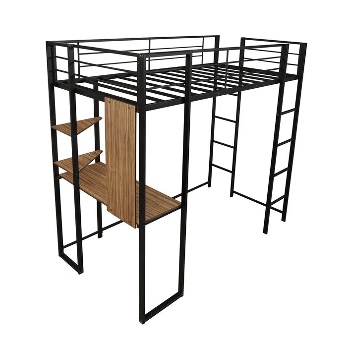 Twin Metal Loft Bed with Shelves and Built-in-Desk, Black