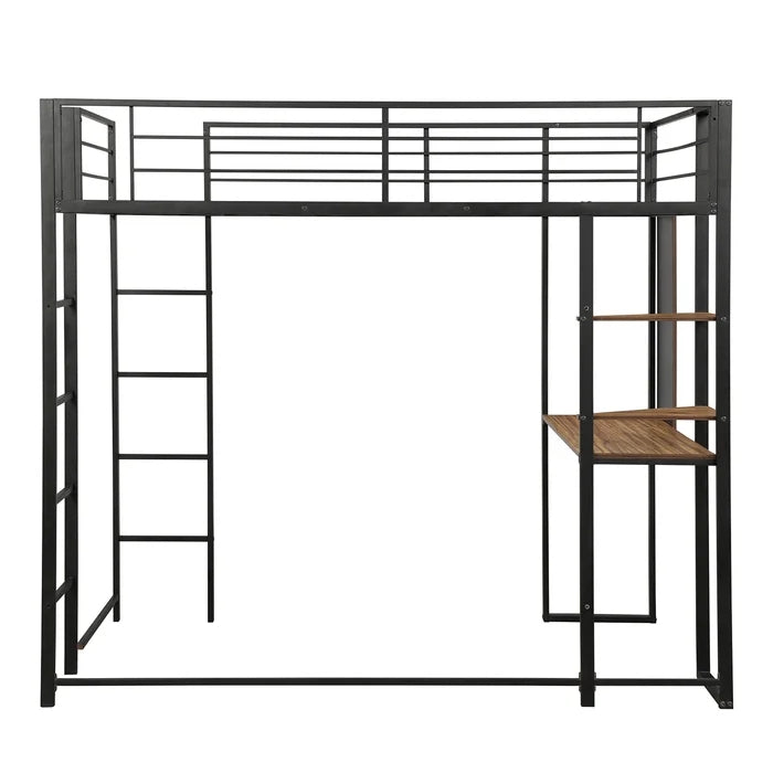 Twin Metal Loft Bed with Shelves and Built-in-Desk, Black