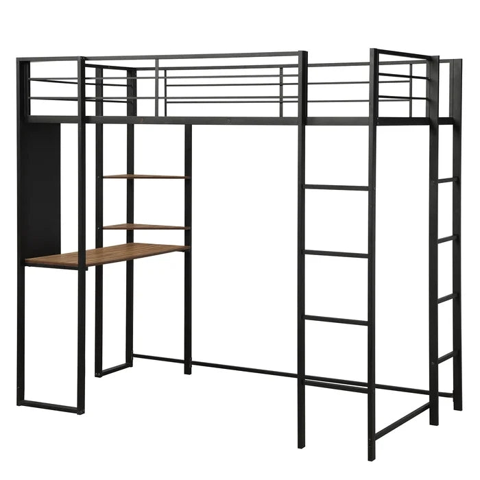 Twin Metal Loft Bed with Shelves and Built-in-Desk, Black