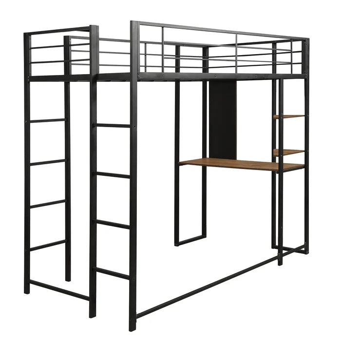 Twin Metal Loft Bed with Shelves and Built-in-Desk, Black