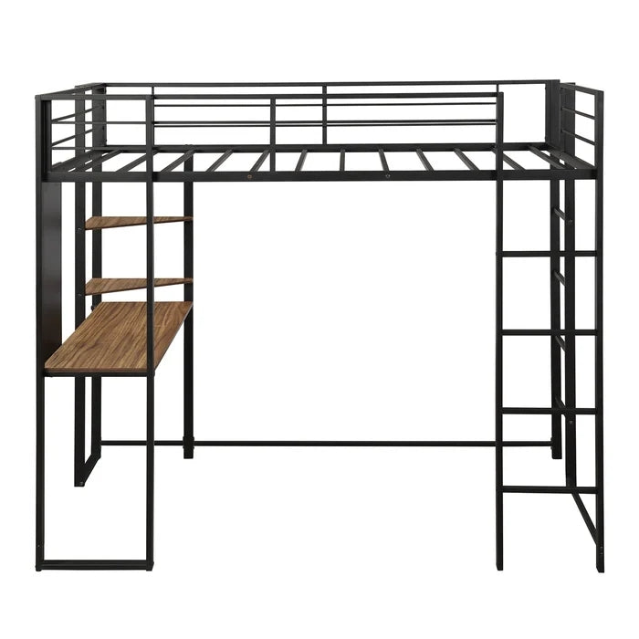 Twin Metal Loft Bed with Shelves and Built-in-Desk, Black