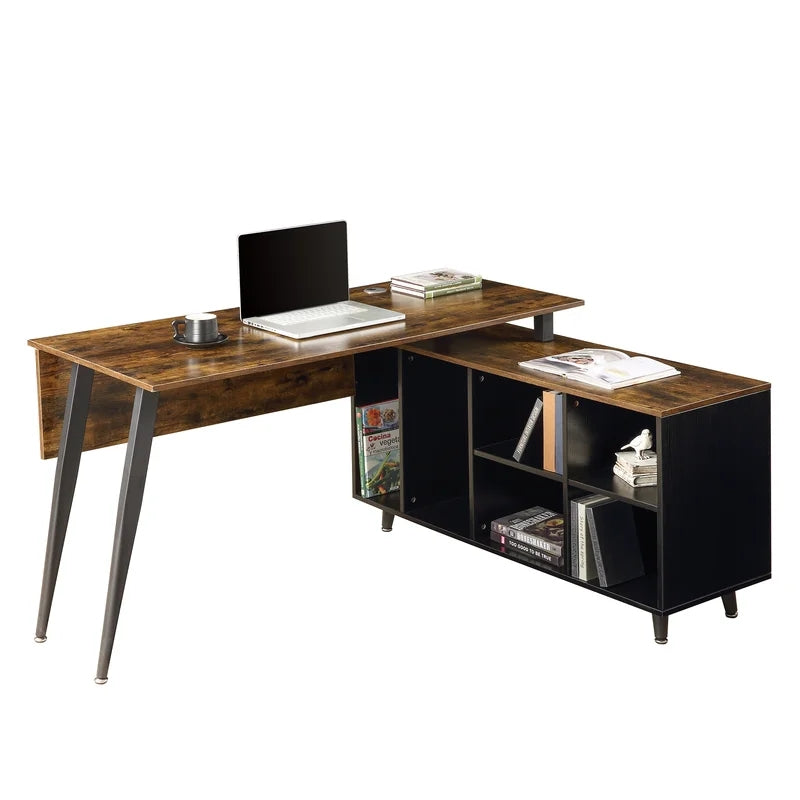 Home Office L-Shaped Computer Desk with Storage Shelves, Brown