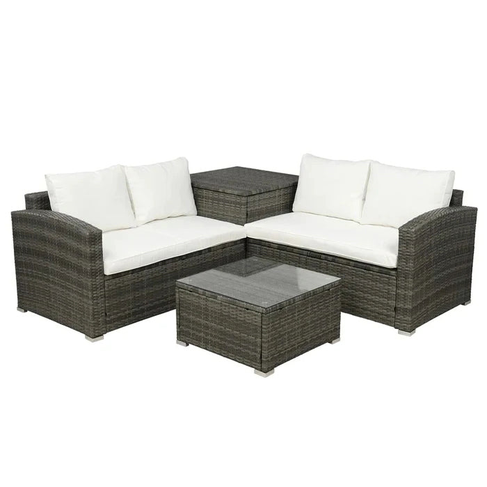 4Pcs Patio Cushioned PE Rattan Wicker Sectional Sofa Set (Beige Cushion)