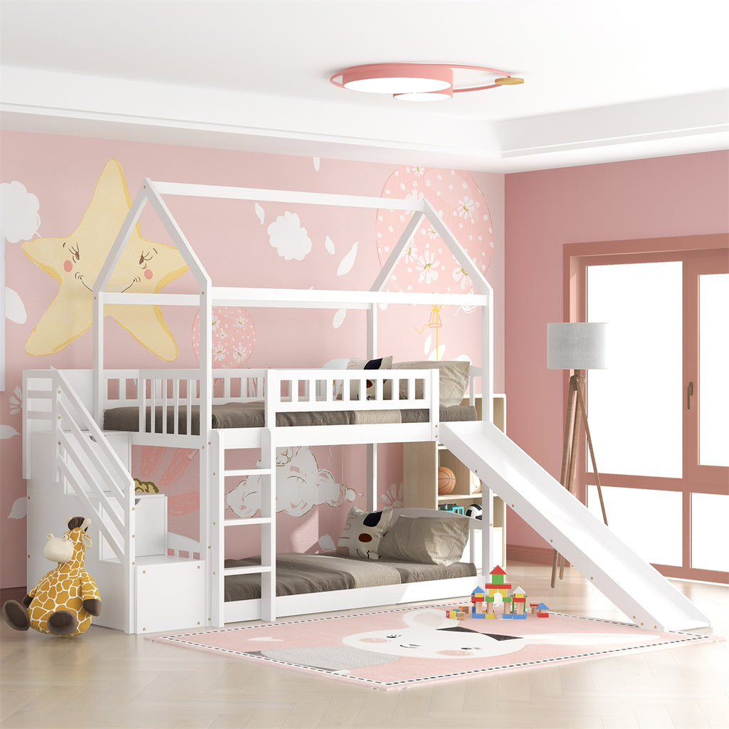 Twin over Twin House Bunk Bed with Storage Stairs and Slide