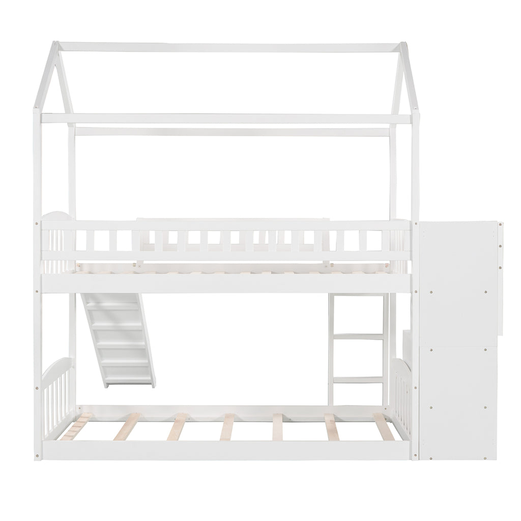 Twin over Twin House Bunk Bed with Storage Stairs and Slide