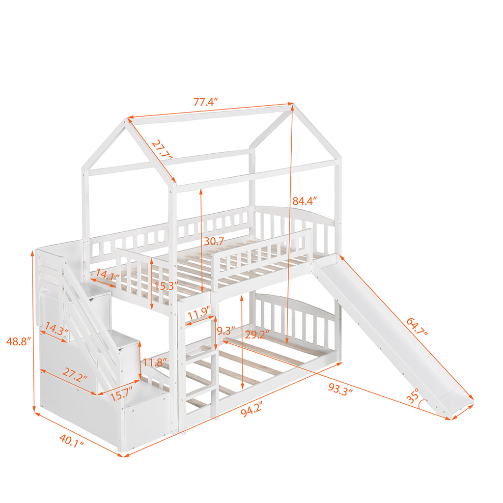 Twin over Twin House Bunk Bed with Storage Stairs and Slide