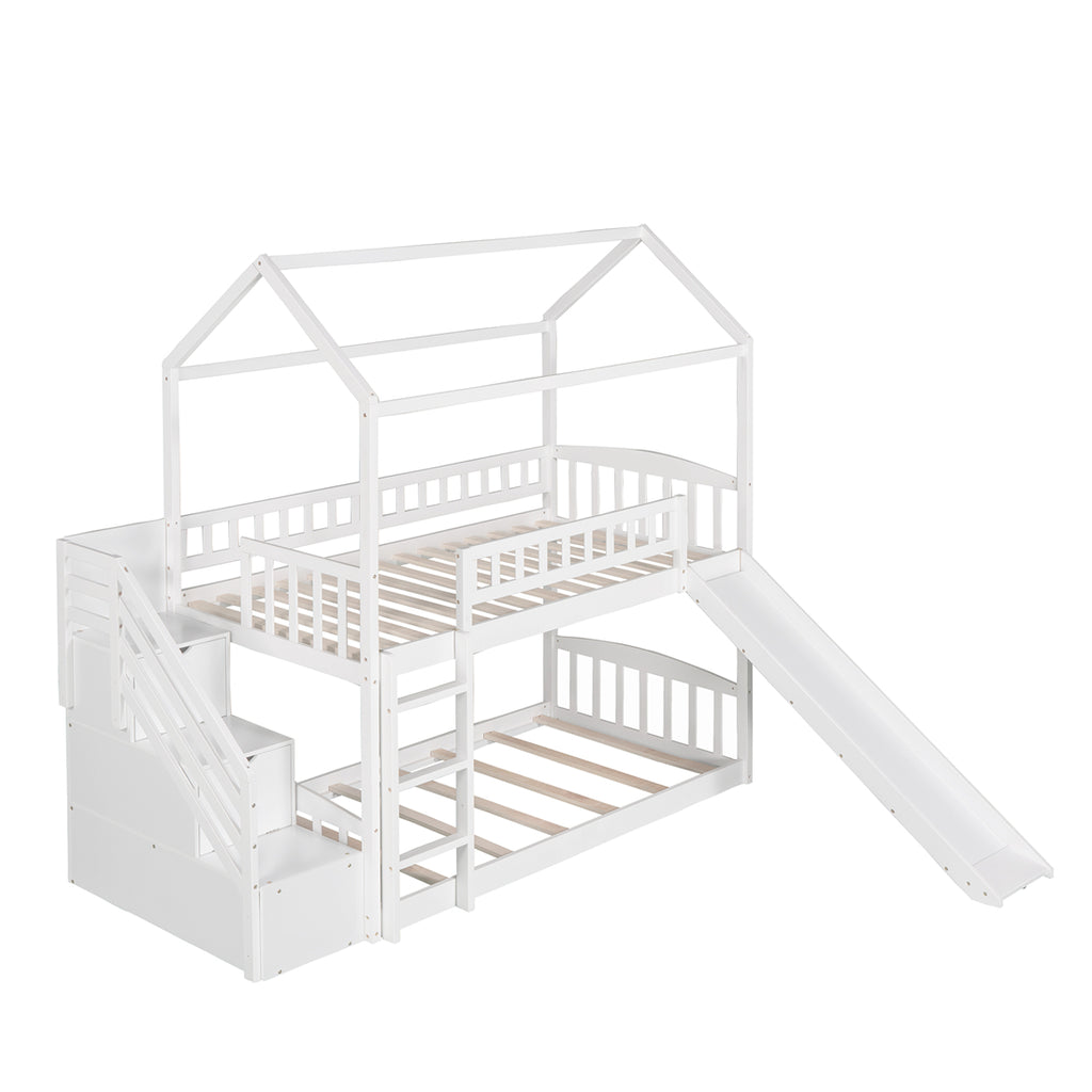 Twin over Twin House Bunk Bed with Storage Stairs and Slide