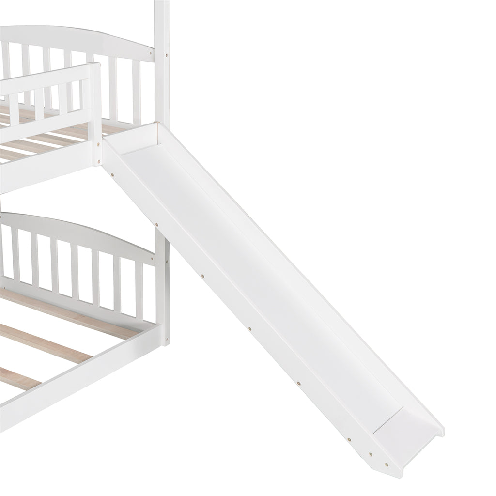 Twin Over Twin House Bunk Bed with Storage Stairs and Slide, White