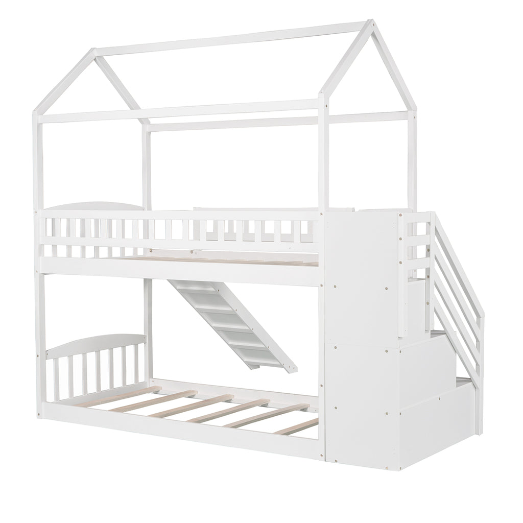 Twin over Twin House Bunk Bed with Storage Stairs and Slide