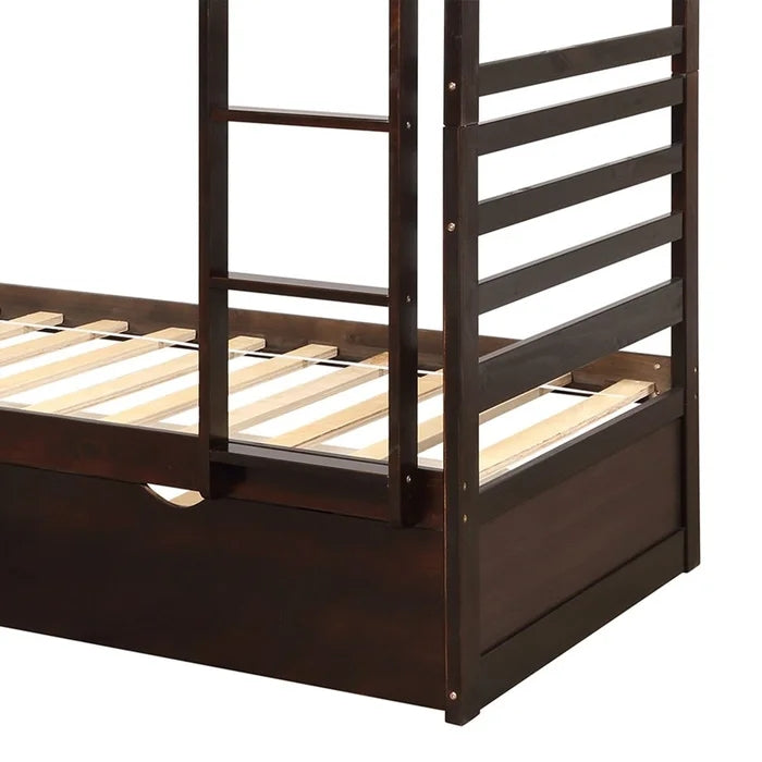 Twin Bunk Beds for Kids with Safety Rail and Trundle, Espresso