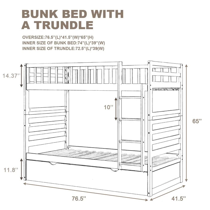Twin Bunk Beds for Kids with Safety Rail and Trundle, Espresso