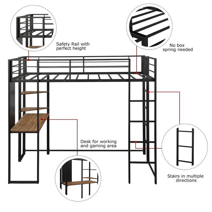 Twin Metal Loft Bed with Shelves and Built-in-Desk, Black